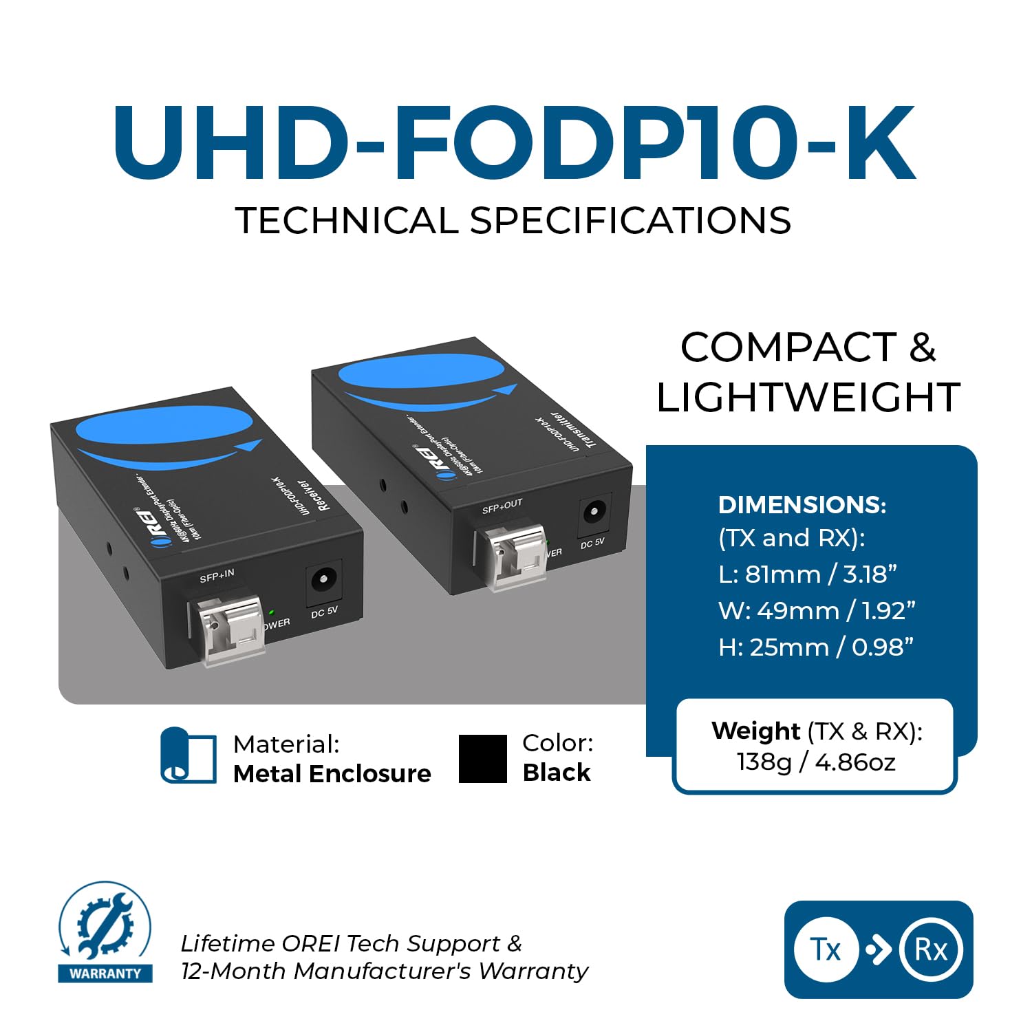OREI 4K DisplayPort Extender Over Fiber Optic Balun 10KM LPCM 7.1CH SFP | Fiber Optic Balun DisplayPort 1.4a 32.4Gbps HDCP 2.3 HDR10 Dolby Vision HLG OM4 Support product thumbnail 7