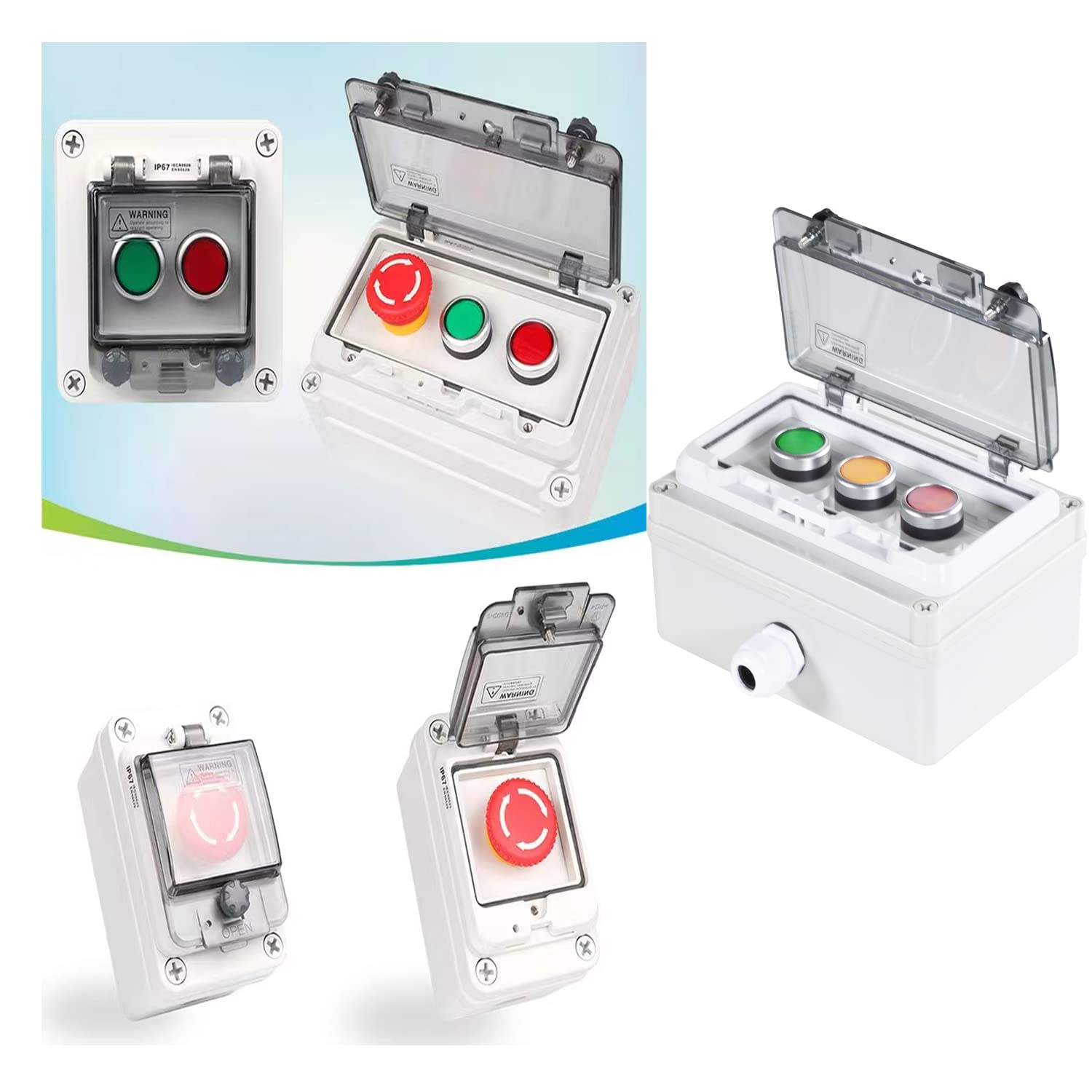 IP67 Push Button Box – 3 Momentary Switches (Red, Green, Yellow) With Protective Cover, Anti-Misoperation, 6A-110V / 3A-240V / 2.5A-380V