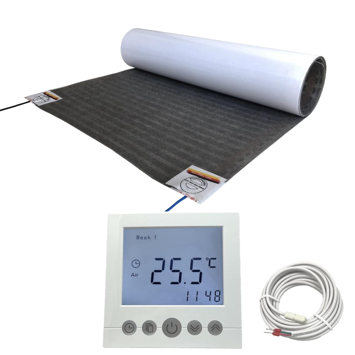 Elektrische Fußbodenheizung HoWaTech Lux Folienheizung für Renovierung Laminat Parkett Vinyl Komplett Set Heizfolie 80 W/m² inkl. Thermostat mit Wochenprogramm, Folienlänge & Fläche:5.5m / 2.75m²
