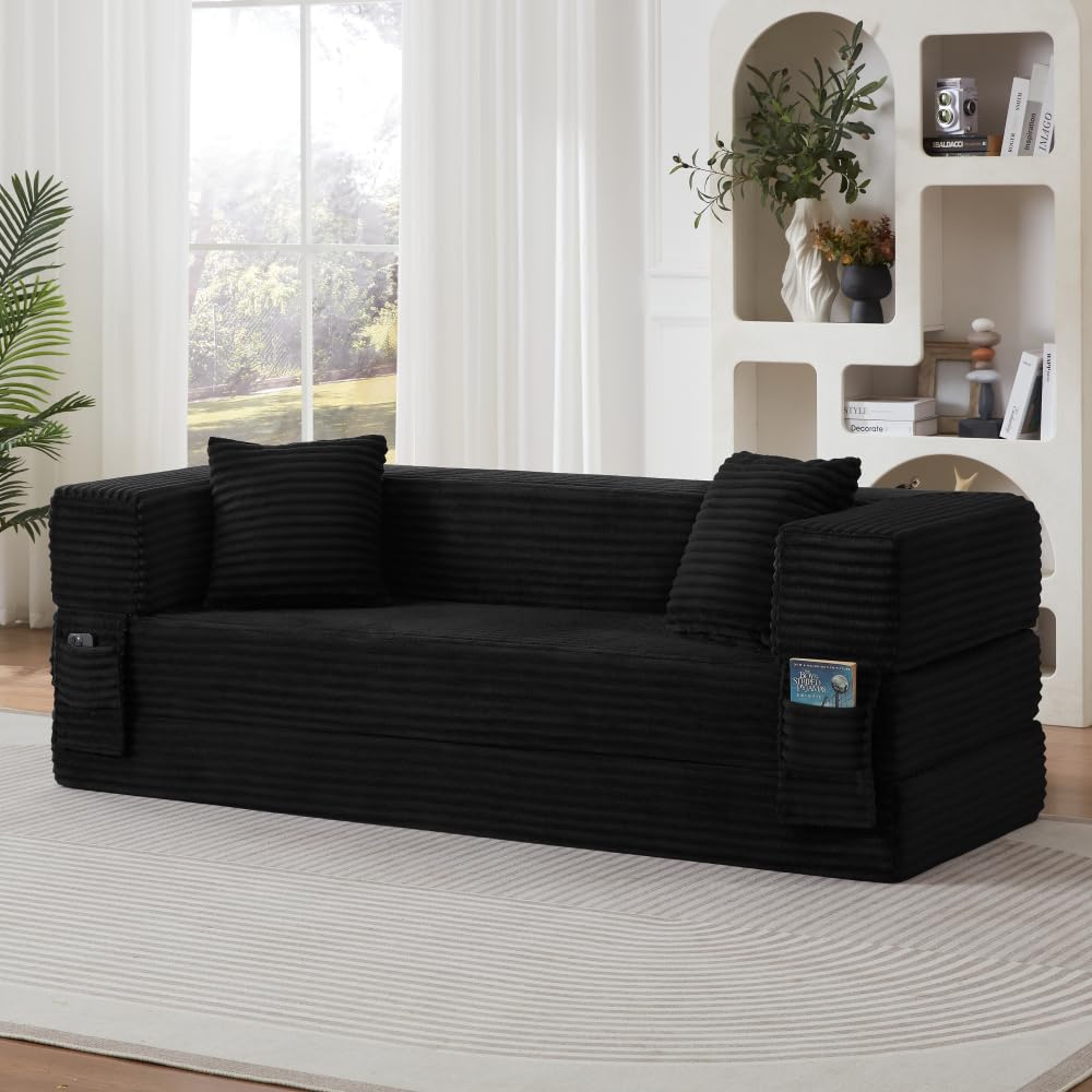 Sofá Cama Plegable de Pana, Sofá Convertible Moderno con Diseño Cuadrado Clásico y Estructura de Doble Capa, Mueble de Salón Multifuncional Convertible en Cama para Apartamento y Oficina (Negro)