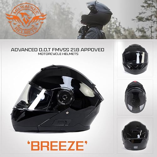 Miniatura 7 de Milwaukee Helmets MPH9815DOT 'Breeze' - Casco modular de motocicleta avanzado negro brillante para hombres y mujeres con visera desplegable