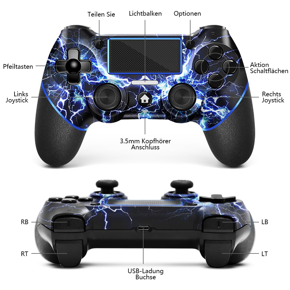 AceGamer Controlador Inalámbrico Para Ps4, Controlador De Juego Compatible Con Ps4/Pro/Slim/Pc, Con Turbobotón/Botón Trasero/Doble Vibración/Sensor De Giroscopio De 6 Ejes/Panel Táctil (Thunder)
