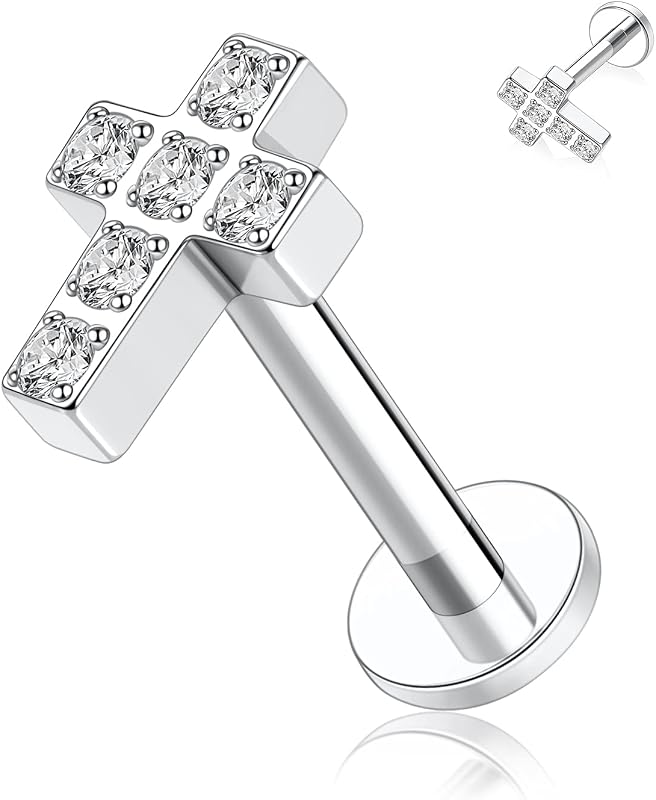 hengkaixuan 16G G23 Titan Flat Back Labret Studs Innengewinde Lippen Studs Tragus Piercing Monroe Medusa Lippenpiercing Silber Lobe Knorpel Conch Ohrring Schmuck 6 8 10 mm