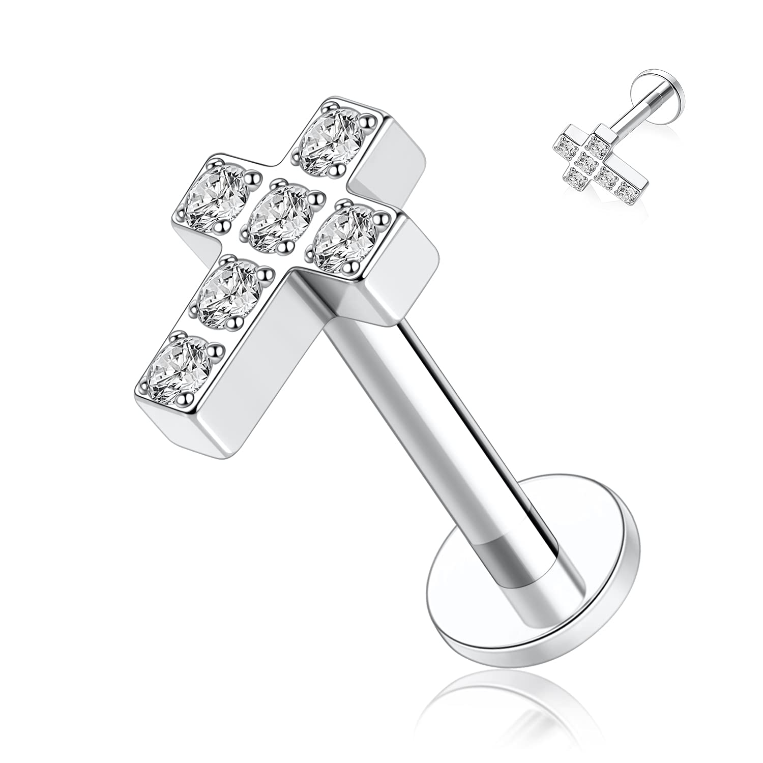 hengkaixuan 16G Titanium Labret Studs - Internally Threaded Flatback - Unisex - Silver - Piercing Jewellery — view 19