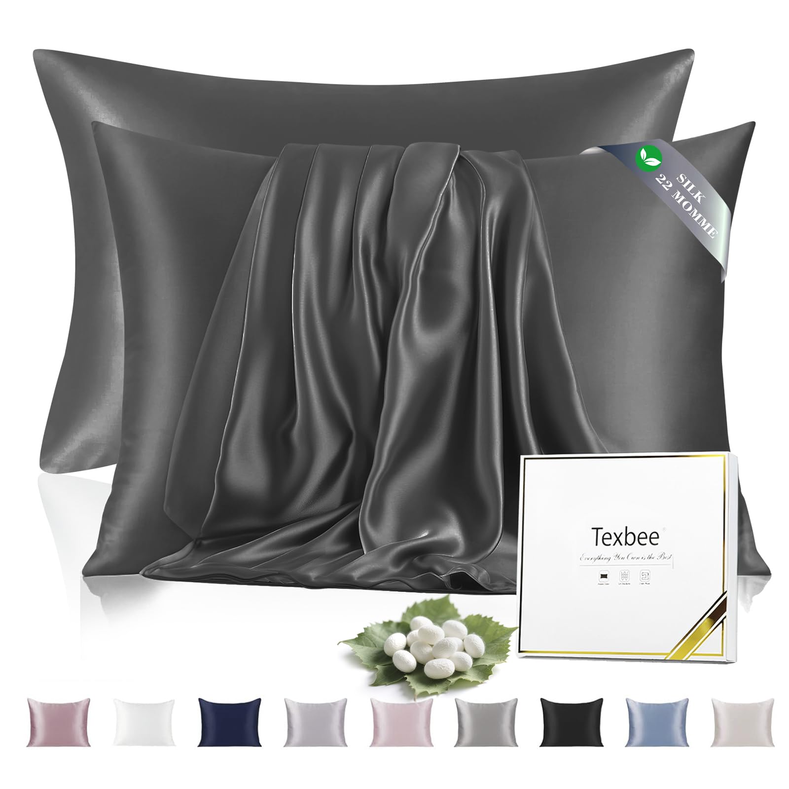 Texbee Seidenkissenbezug 40x60cm für Haar und Haut Beide Seiten Natürliche Kissenbezug Seide mit verstecktem Reißverschluss Weiche Atmungsaktive Glatte 2 Stück-Weltraum Grau