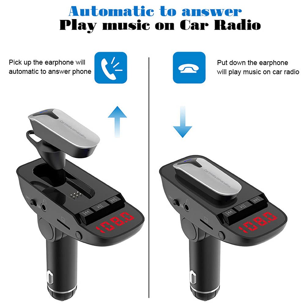 Trasmettitore Bluetooth per Auto con Auricolare, Bluetooth Lettore MP3 per Auto Vivavoce Wireless Radio Adattatore o Sistema Vivavoce con Doppio Caricatore USB, U Disk TF Card Uscita AUX