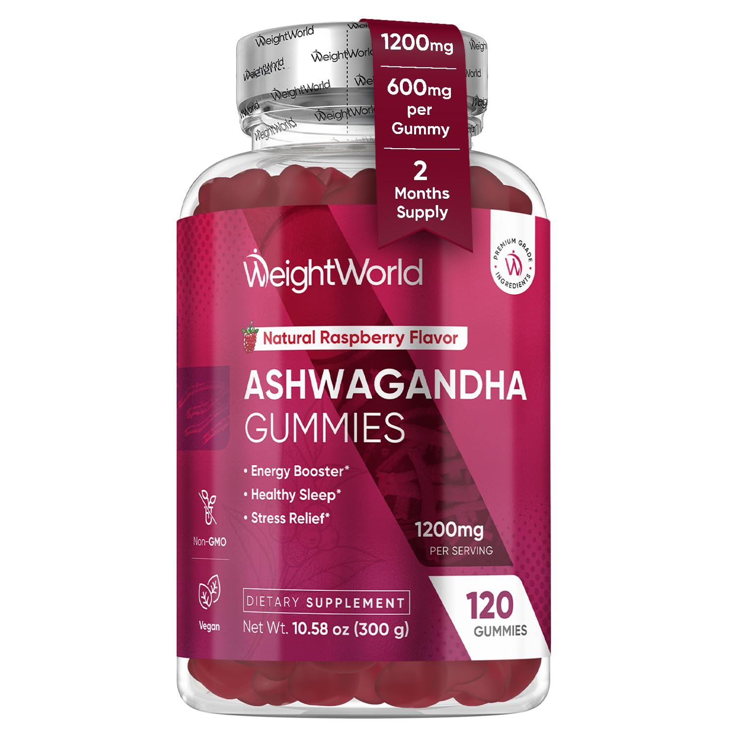 Ashwagandha Gummies 1200mg | Stress Relief, Healthy Sleep, Energy Booster (2-Month Supply) | 120 Vegan Ashwagandha Supplements Gummies (600mg per Gummy) | Natural Raspberry-Flavor, Non-GMO