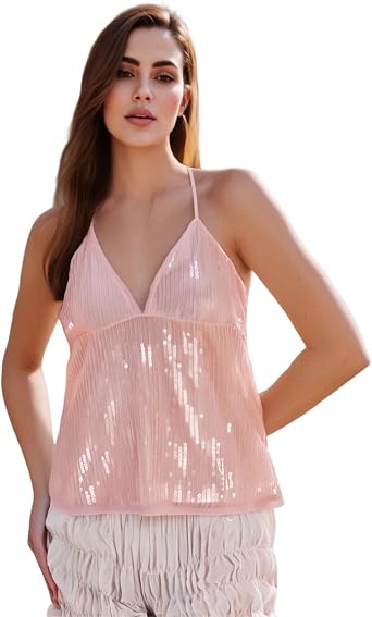 Women Y2k Halter Sequin Crop Top Backless Going Out Glitter Cami Tops Sexy Mesh Rave Vests Summer Streetwear