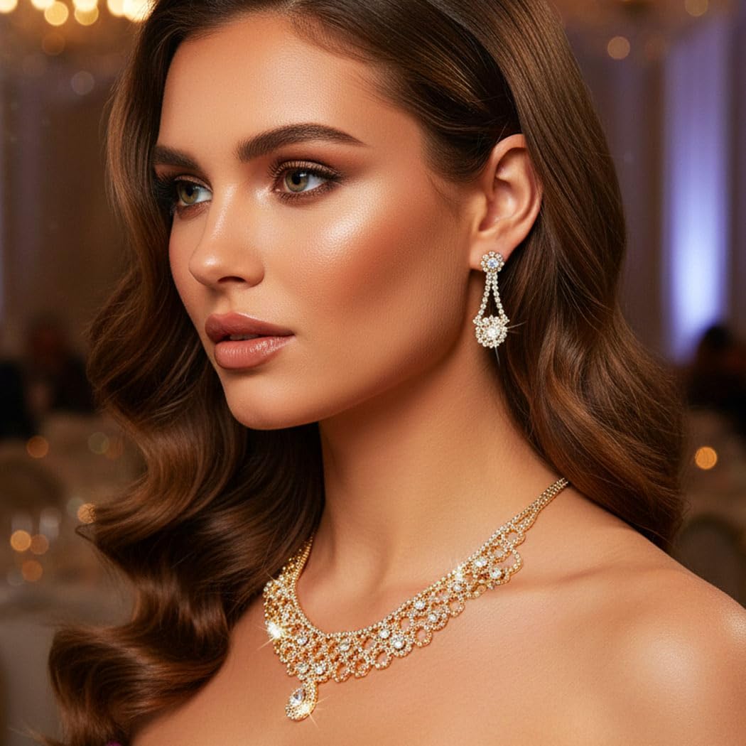Aukmla Rhinestone Bridal Wedding Jewelry Set Sparkly Crystal Necklace Earrings Sets Prom Necklaces for Women - Image 3