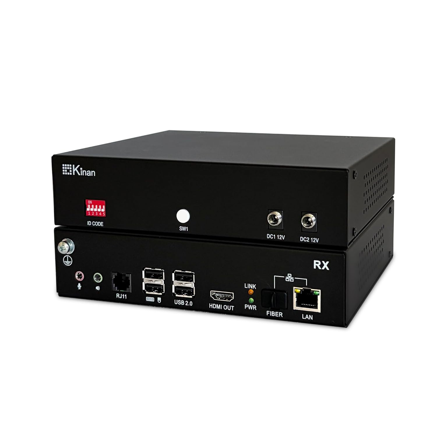 Kinan 4K HDMI USB KVM Over Ethernet Extender, FHD HDMI Keyboard Mouse USB2.0 Over CAT5E or Optical Cable 4K@30Hz Up to 10KM, 2 USB 2.0 Ports, Loop Out, Near-Zero Latency, Plug & Play