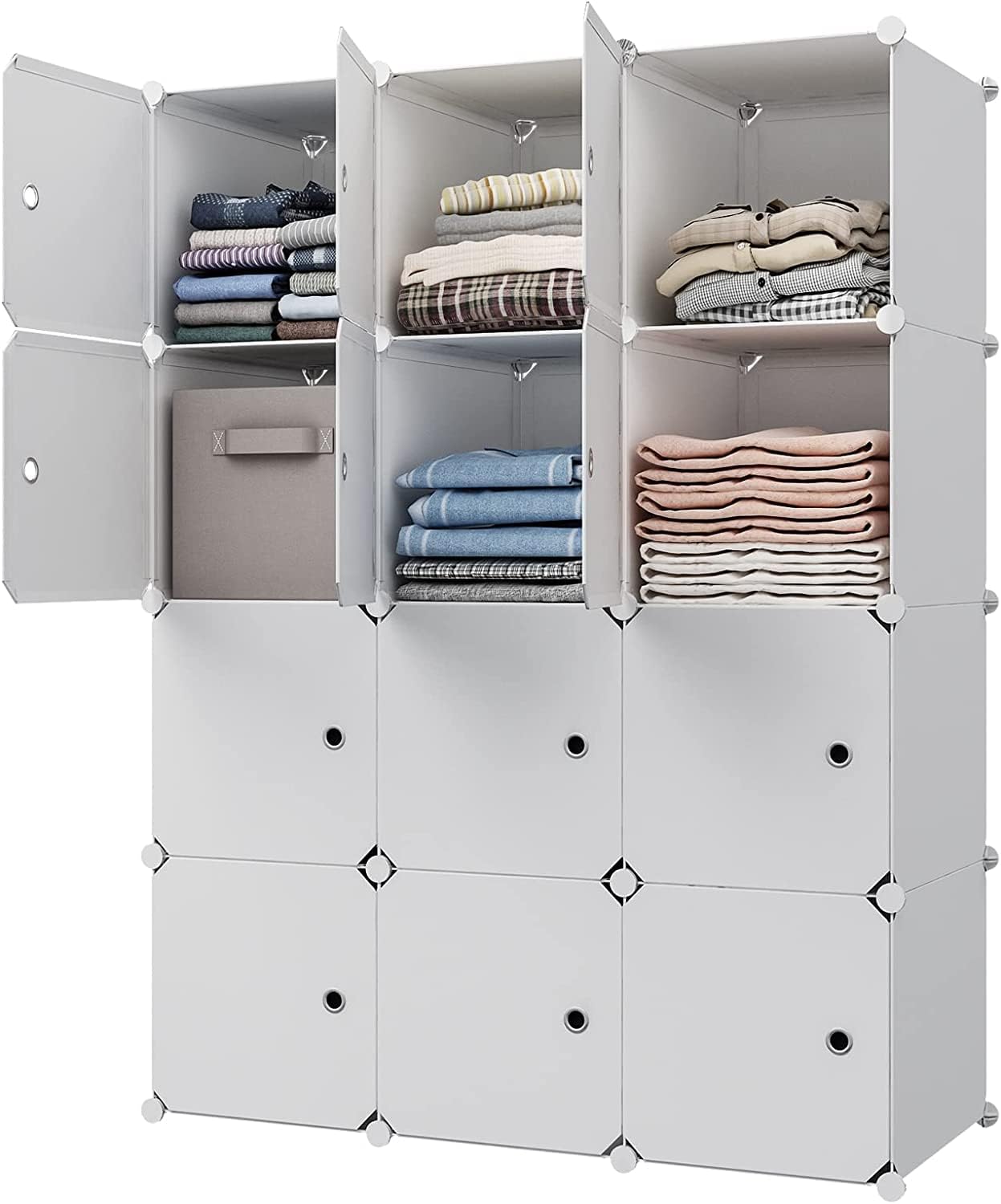SUPAAR Portable Closet Clothes Wardrobe Bedroom Armoire Storage Organizer With Hanging Section, Capacious & Sturdy, 12 cabinets full white color (2 Hangers & 6 Cubes) (12 cube white)