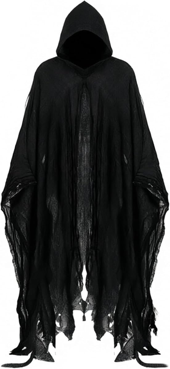 Grim Reaper Hooded Cloak for Men Women Halloween Costumes Cosplay Props | Linen Scary Cloak With Black Mesh Outer Layer Design for Grim Reaper, Witch, Wizard & Campire Cosplay