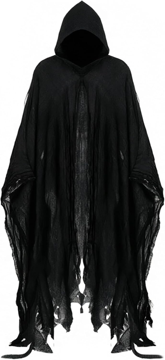 Grim Reaper Hooded Cloak for Men Women Halloween Costumes Cosplay Props | Linen Scary Cloak With Black Mesh Outer Layer Design for Grim Reaper, Witch, Wizard & Campire Cosplay