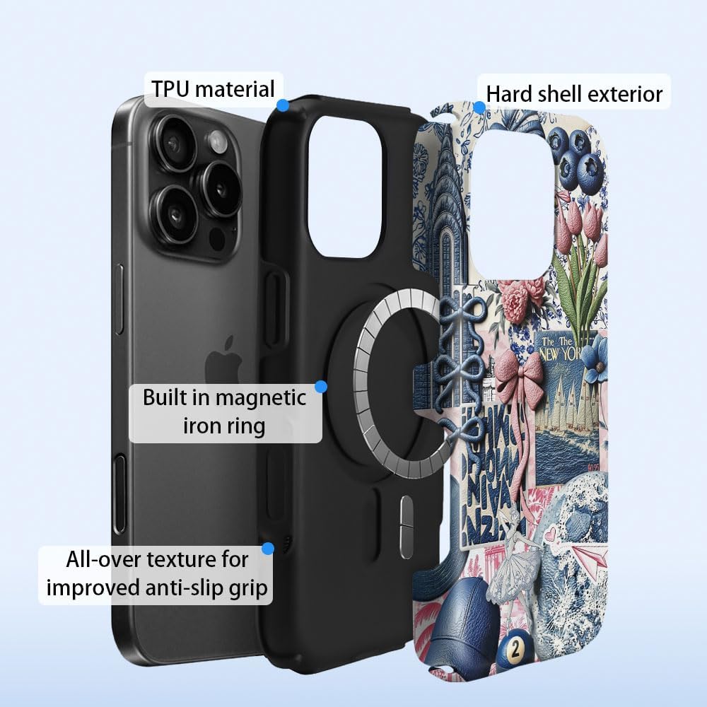 Case for iPhone 16 Pro Max,Tulip New York Coquette Bow Floral Collage Phone Case,Trendy Magsafe Silicone Shockproof Cover for Girl Women image 3