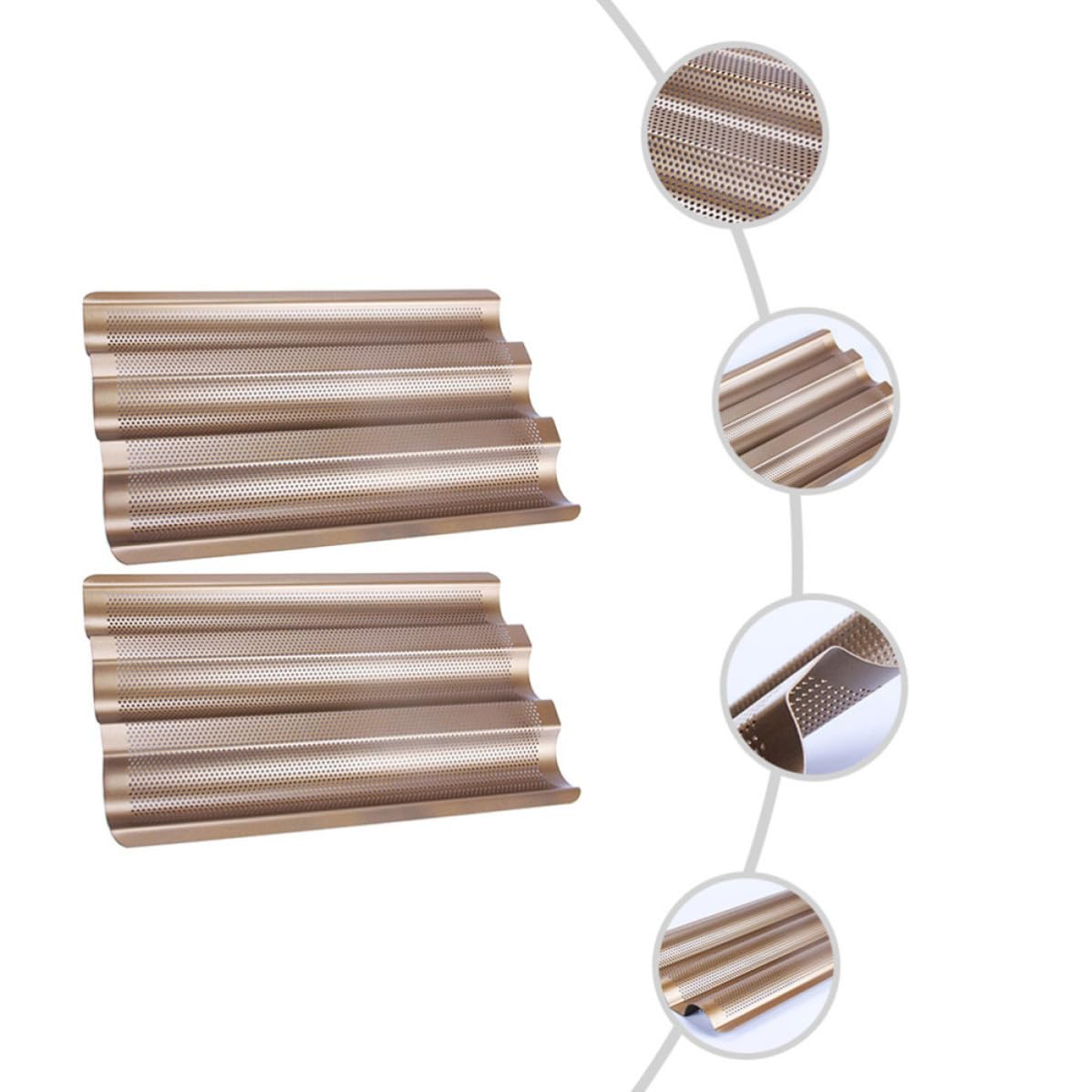 Lot de 2 Moules en Acier Carbone Antiadhésifs à 3 Ondulations Perforées, pour Cuisson de Pains Français et Baguettes Artisanales