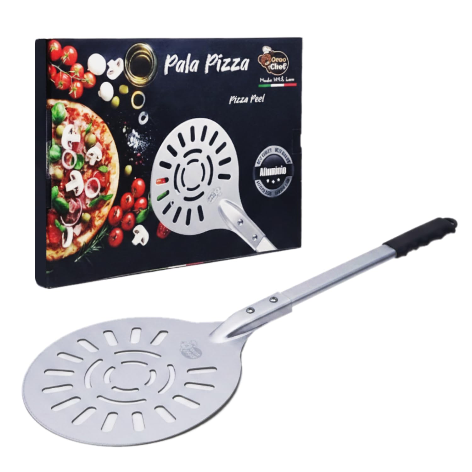 Pala para pizza de aluminio perforada, diámetro 25 cm, ligera, resistente a los arañazos, ideal para hornos domésticos, perfecta para dar la vuelta y cocinar pizza, pan, focaccia