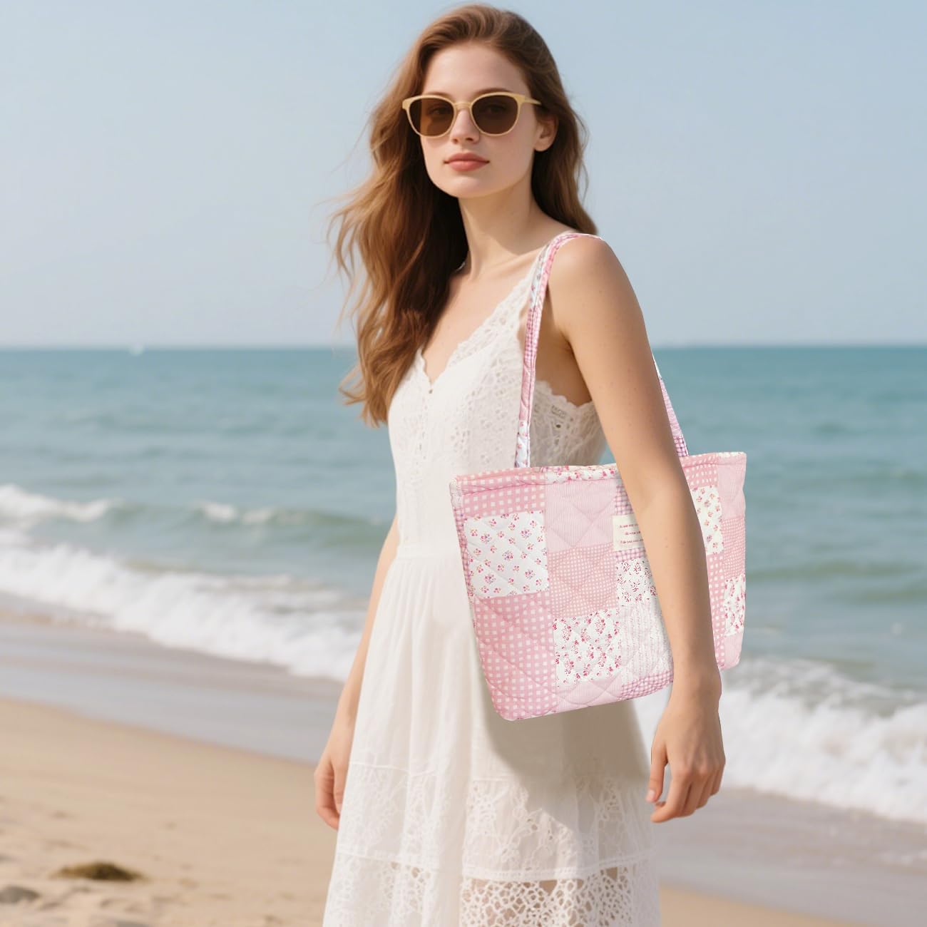 Small Floral Quilted Tote Bag with Zipper Closure for Women Girls