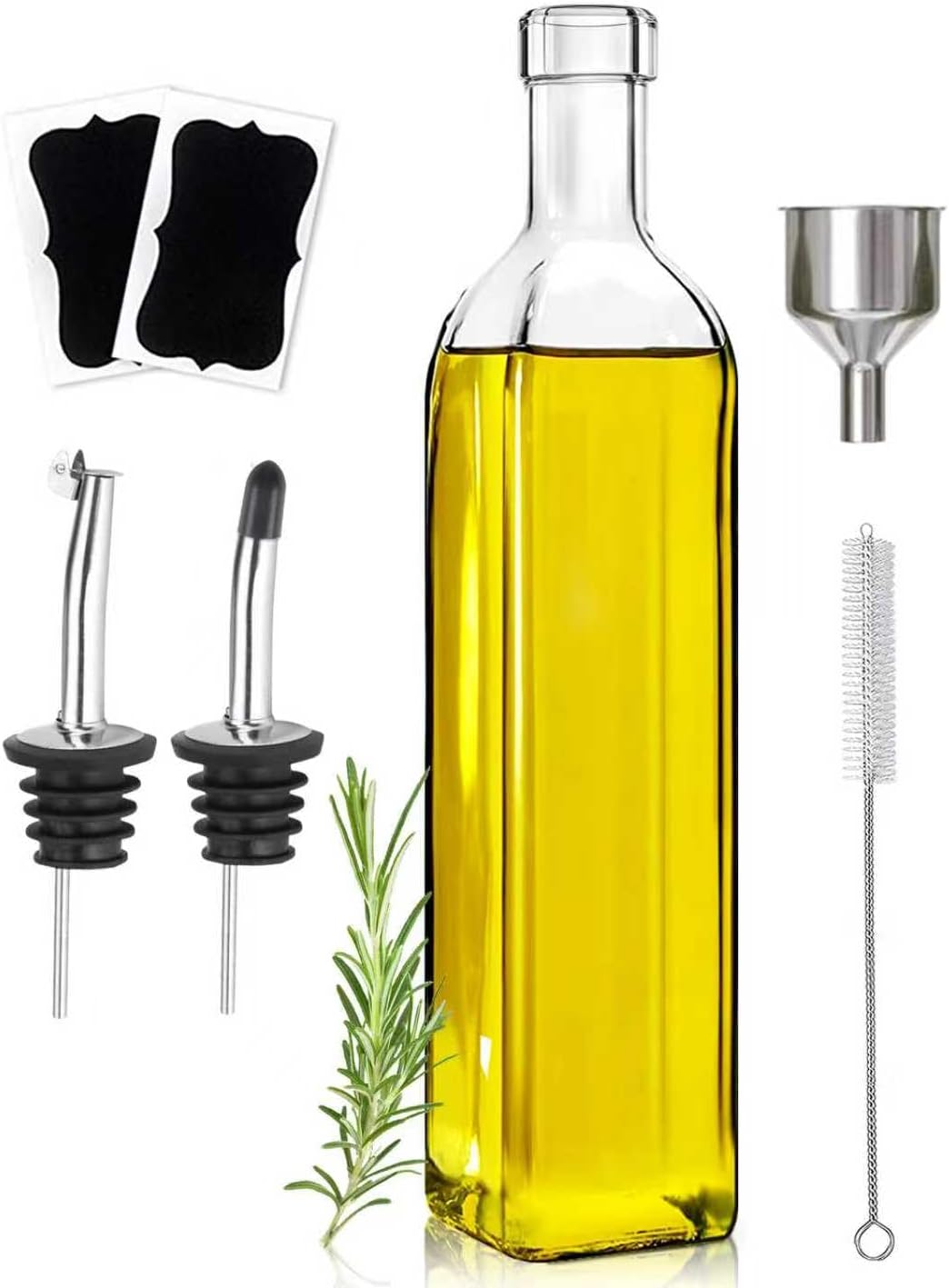 Leaflai Olive Oil Dispenser Bottle, 1 Pcs Glass Olive Oil Dispenser and Vinegar Dispenser Set with 2 Stainless Steel Pourers, 2 Labels,1 Brush and 1 Funnel Oil Bottles for Kitchen (500ml)