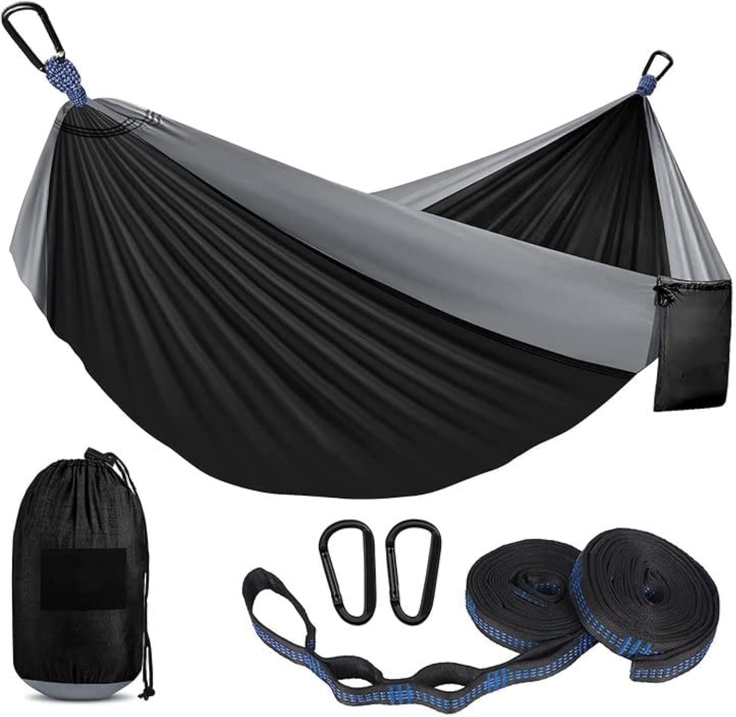 Jaffiust Camping Hammock Double and Single Portable Hammock with 2 Tree Straps, Lightweight Nylon Parachute Hammock for Travel, Terrace, Hiking and More (Grey Black, No Mosquito Nets)