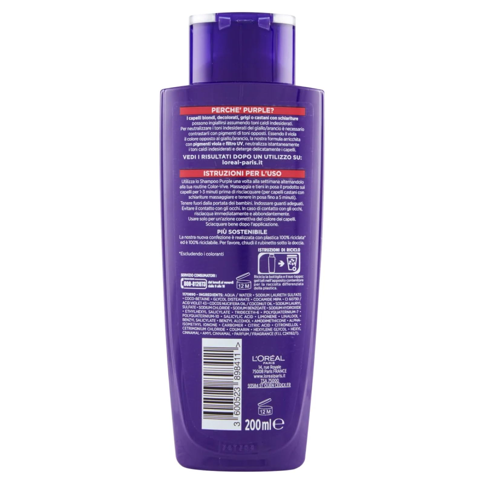 L'Oréal Paris Elvive Color Vive Purple Shampoo Anti Żółty do włosów Szary i Blond Odbarwiony neutralizuje żółte i pomarańczowe odcienie - 6 butelek 200 ml
