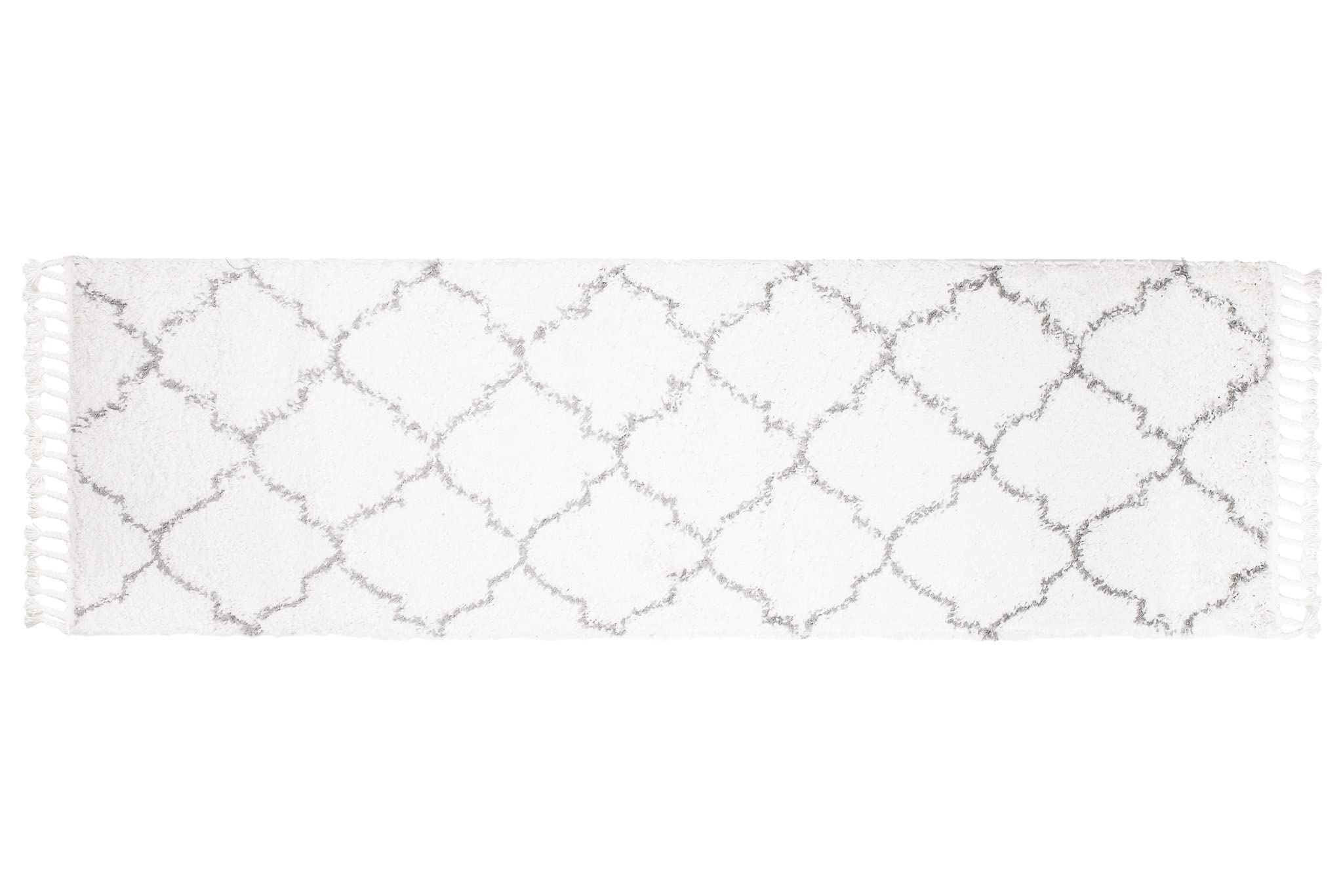 TAPISO Boho Teppich Läufer Kurzflor Shaggy Creme Grau Gitter Marokko Fransen Schlafzimmer Wohnzimmer Design Modern 100 x 400 cm