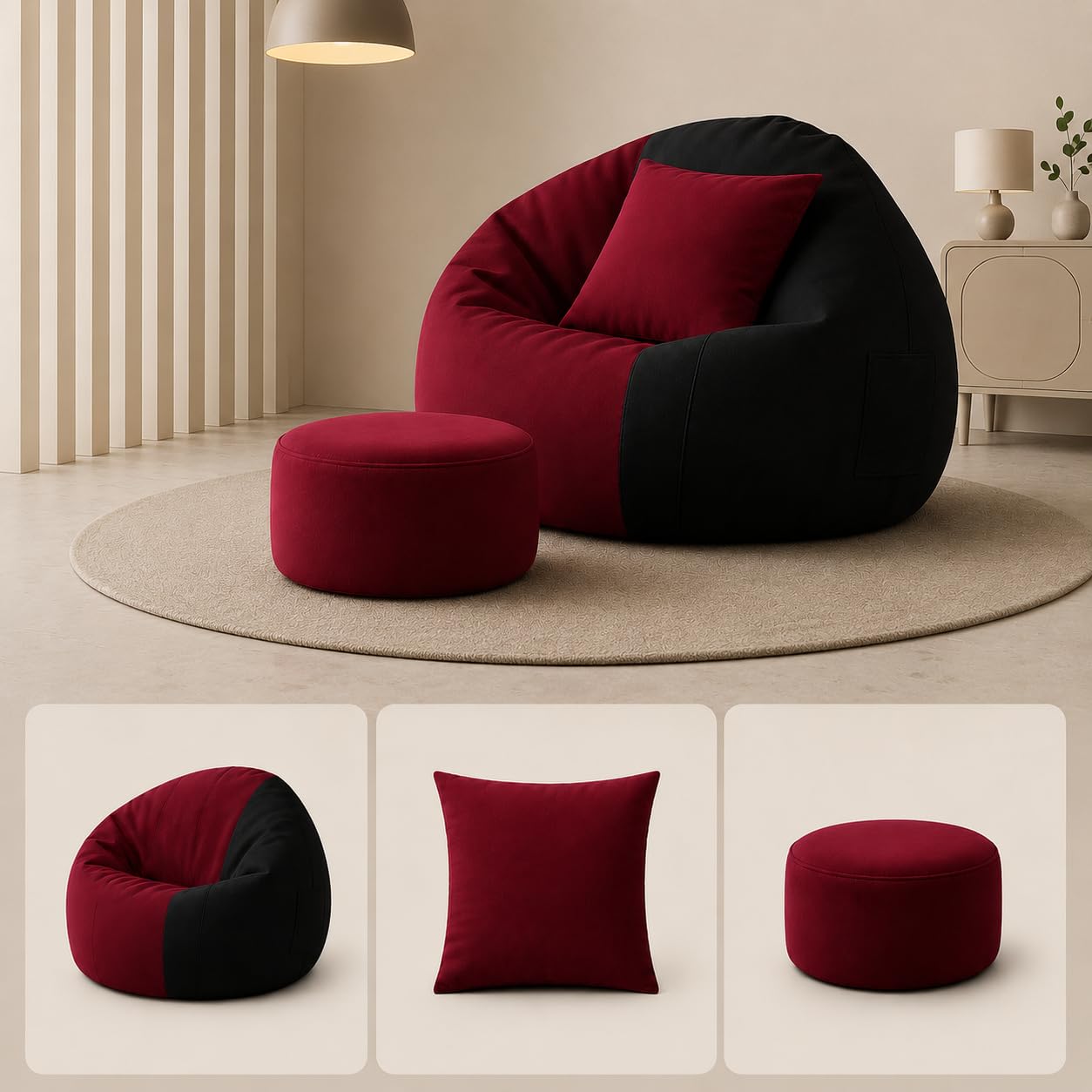 Navodit || Cherry-Black | Stylish 3-Piece Dual Color Bean Bag Set - XXXXL | Faux Leather Cover with Footstool & Cushion (Beans Not Included)-image-10