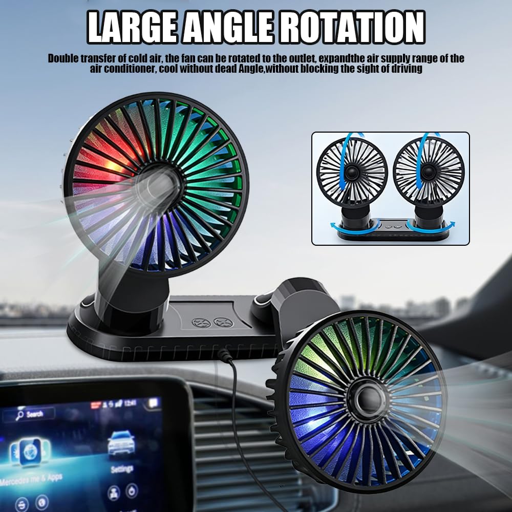 Ventilateur De Voiture 5V, Ventilateur Double Têtes USB, Ventilateurs Portables Voitures avec 3 Vitesses Et Effets Lumineux, Rotation à 360° Pour Voiture, Van, SUV, RV, Bateau