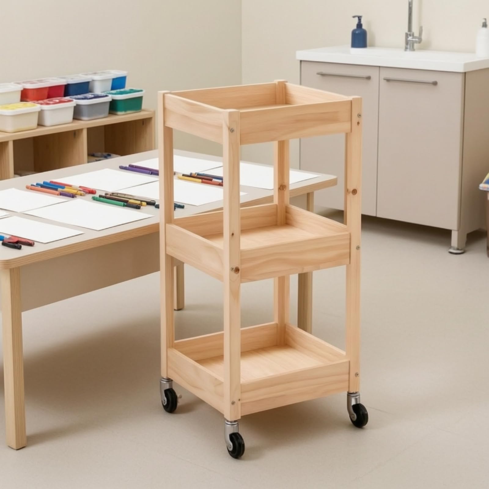 Carrello Organizzatore per La Scuola con Ruote con Bloccaggio E Struttura in Legno con Ripiani per Con Quaderni E Piccoli Giocattoli con Accesso, Carrello 3 Livelli