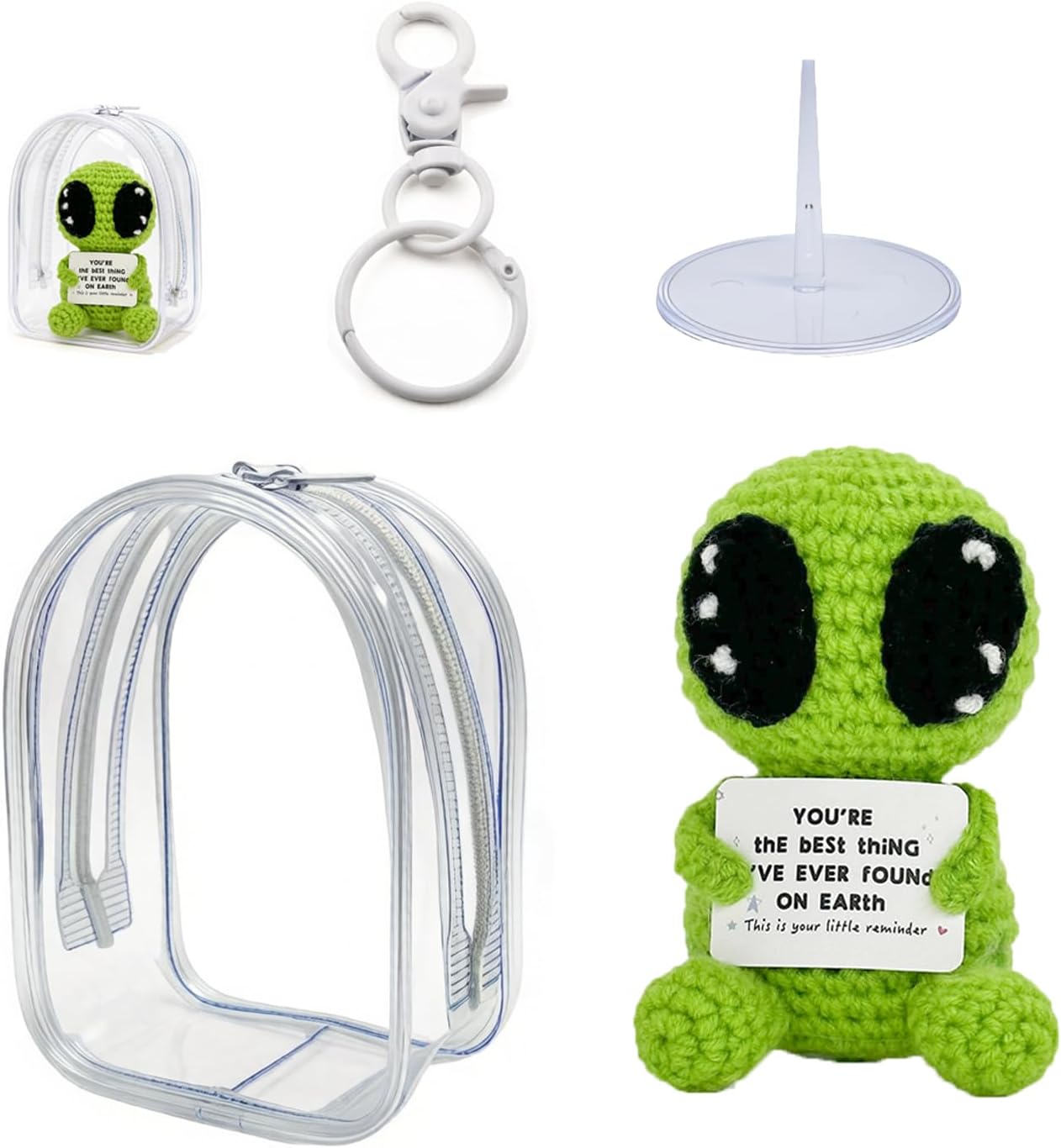 Handmade Crochet Alien with Encouraging Card, Display Bag & Stand - Unique Gift for Men Women Friends Family, Suit for Valentine's Day Anniversary Birthday, Desk/Bag Decor, Stress Relief
