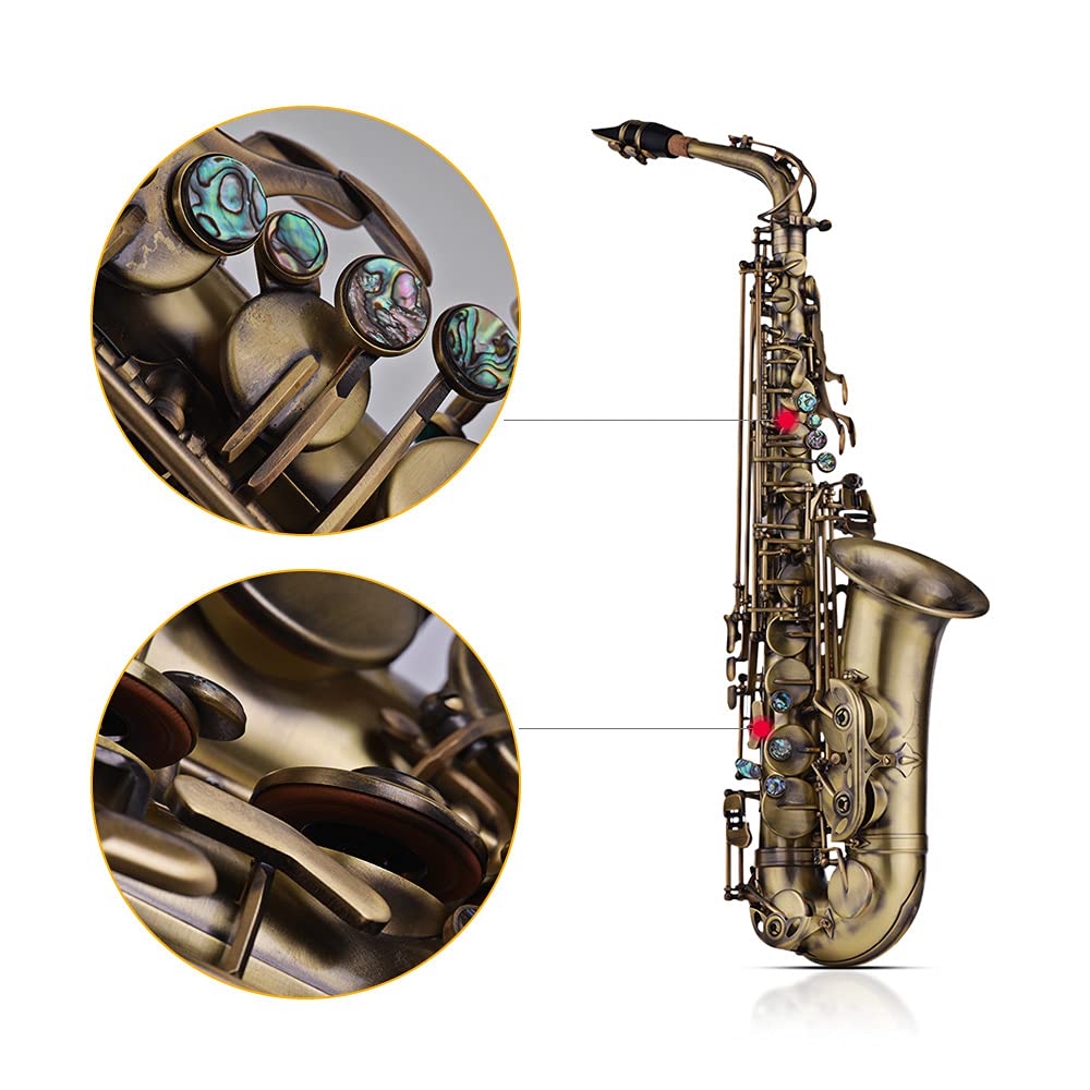 HUIOP Finitura Anticata di Alta qualità MIB MIB Sassofono Contralto Sax Shell Chiave intagliata Modello Strumento a fiato con Custodia Imbottita Guanti Panno per Pulizia Spazzole Cinghie per Sax Ance