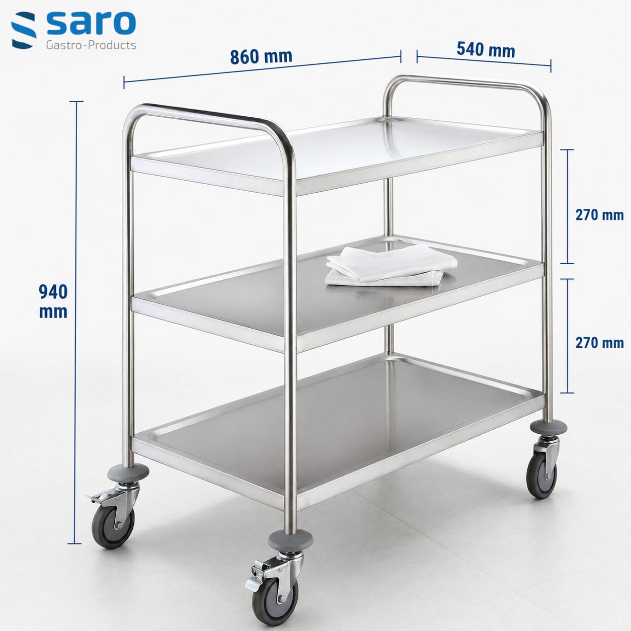 Saro Transportwagen/Servierwagen mit 3 Borde – Edelstahl – Traglast 80 kg – 4 Rollen (2 mit Bremse) – 86×54×94 cm – Für Gastronomie & Service – Modell Bastian