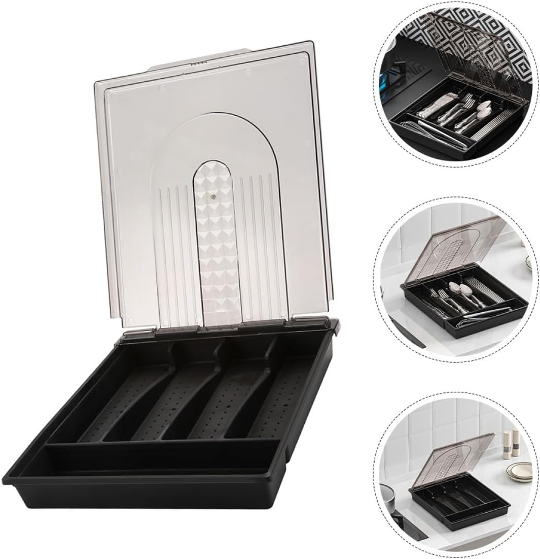 Veemoon Large Capacity Cutlery Organizer Box with Flip Lid, Black Kitchen Utensil Storage Case with Dividers for Forks, Spoons, and Knives, Drawer Flatware Organizer for Home Kitchen