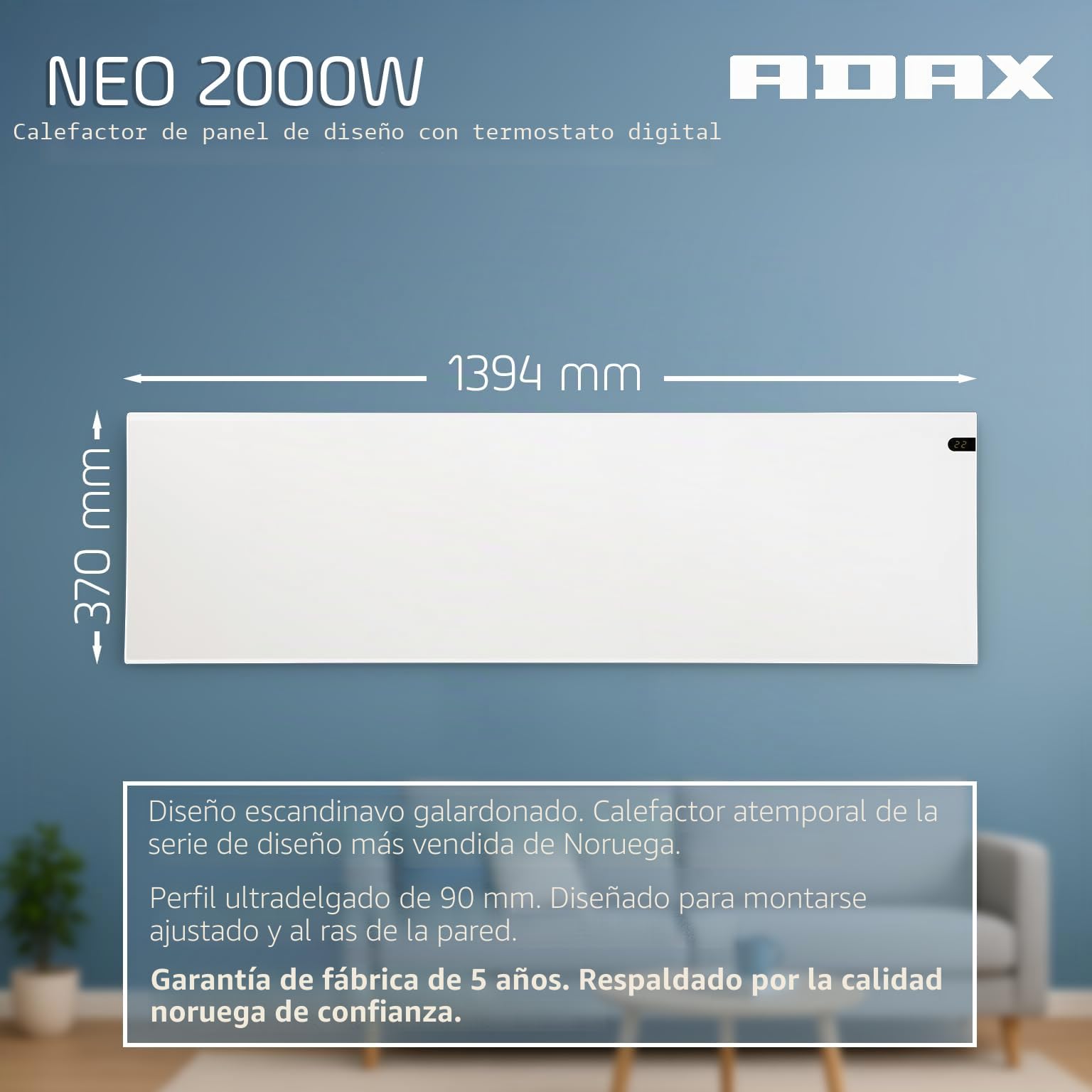 Adax Neo NP - Radiador Electrico Bajo Consumo 2000W | Calefactor Bajo Consumo | Radiador eléctrico moderno | Altura 370mm | Calefactor Electrico KDT Blanco | IP20