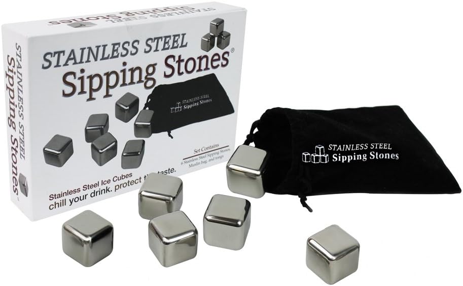 Stainless Steel Ice Cubes - Set of 6 in Gift Box with Muslin Carrying Pouch and Tongs