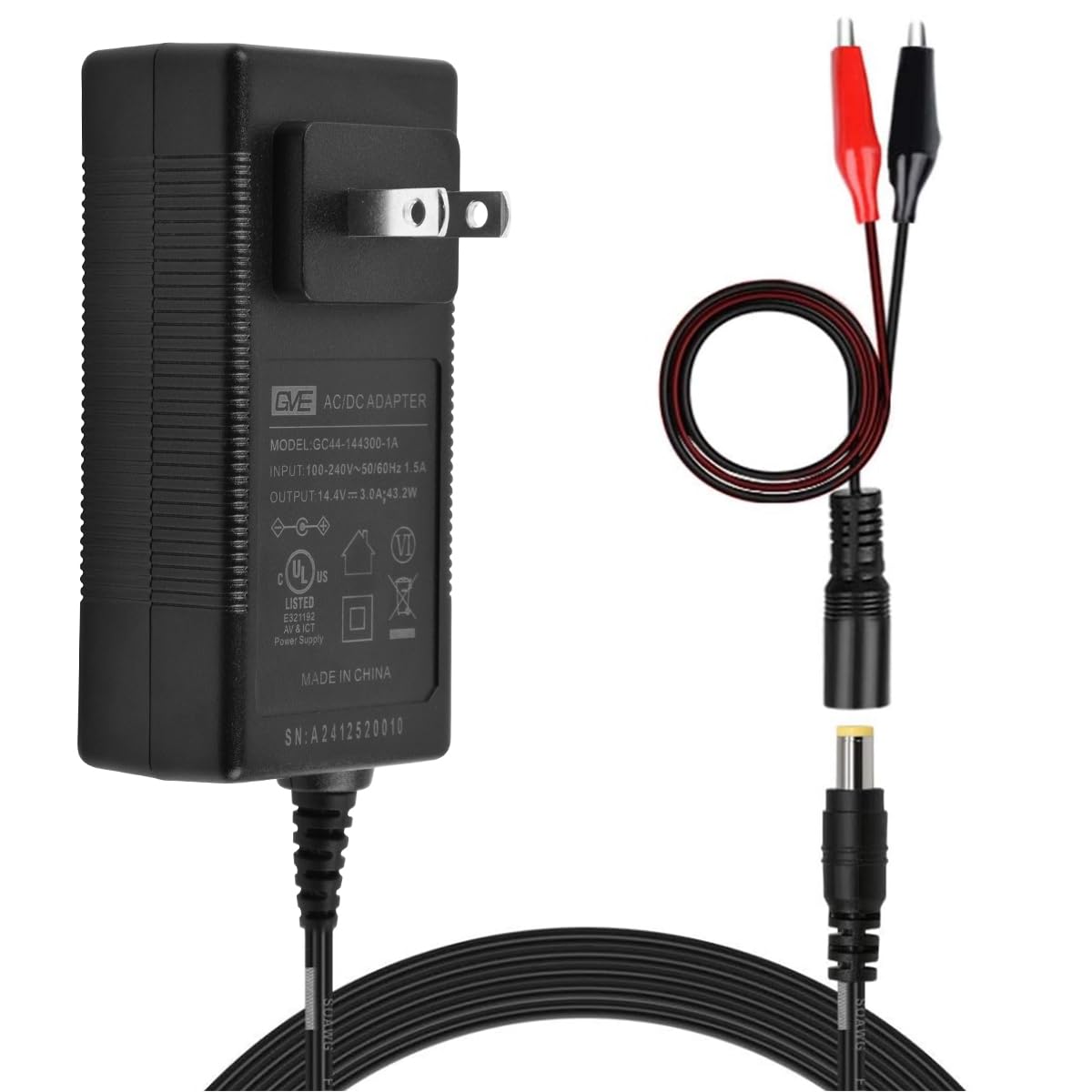 TalentCell AC/DC 14.4V/3A LiFePO4 Battery Charger with Dual Alligator Clips Connector for 4S 12V 12.8V Rechargeable Lithium Iron Phosphate Battery Pack