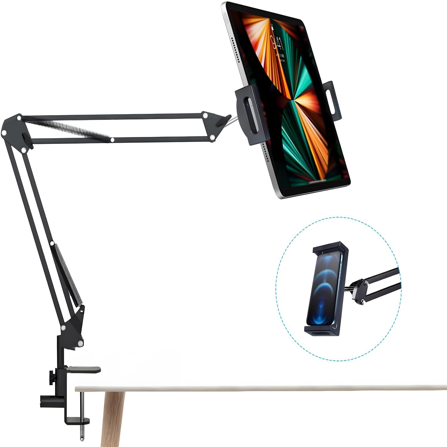 X spring 360° Rotation Tablet Mount Holder, 2 Arm Heavy Duty Phone Phone Holder for Bed Universal Mount Clip, Adjustable Tablet Metal Holder, Mobile Stand for Bed, Office, Kitchen, Desk