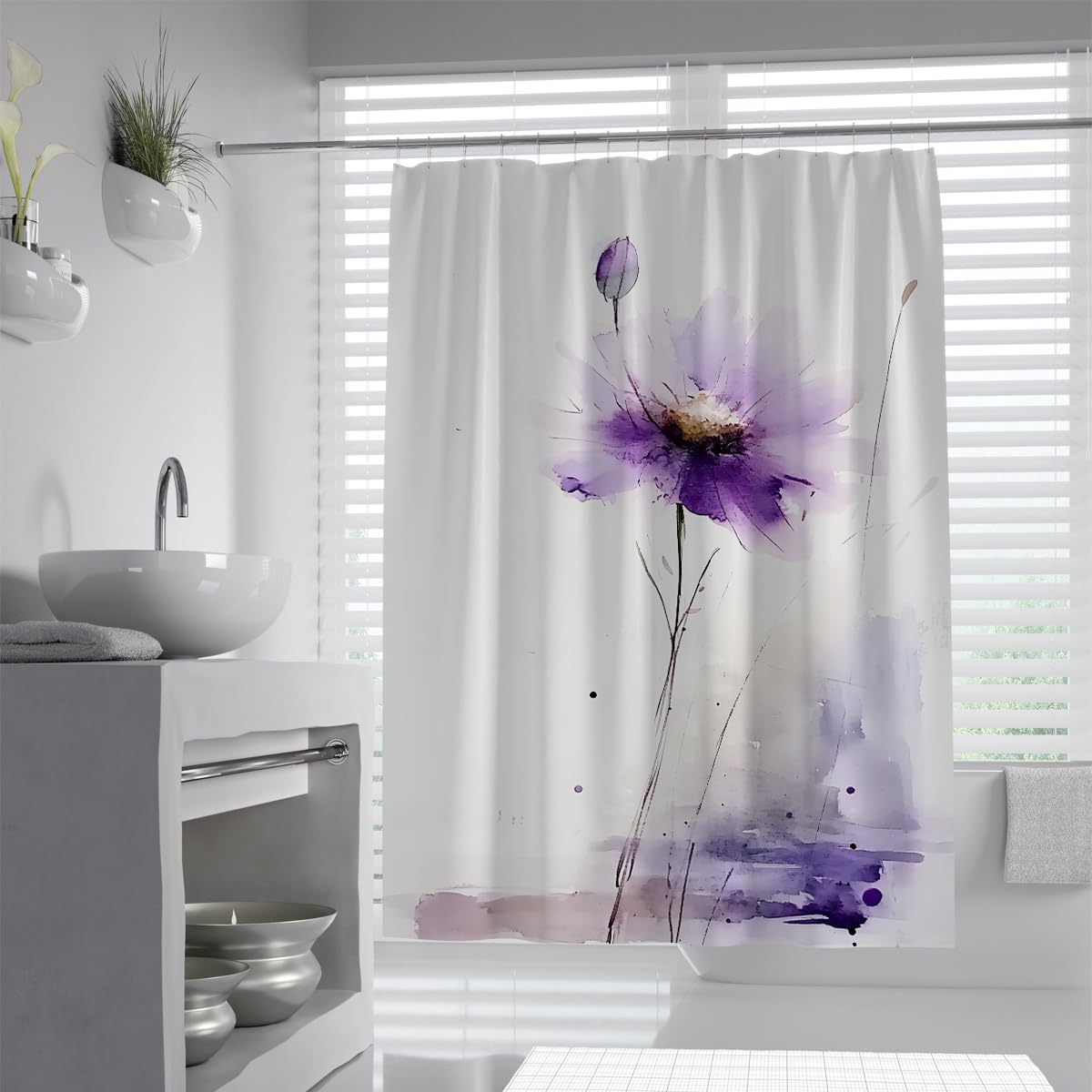 UIRINGART Watercolor Purple Daisy Flower Blossom Shower Curtain W180xL200cm Abstract Botanical Ink Flower Pattern Polyester Waterproof Mildew Resistant Bath Decoration With Hooks