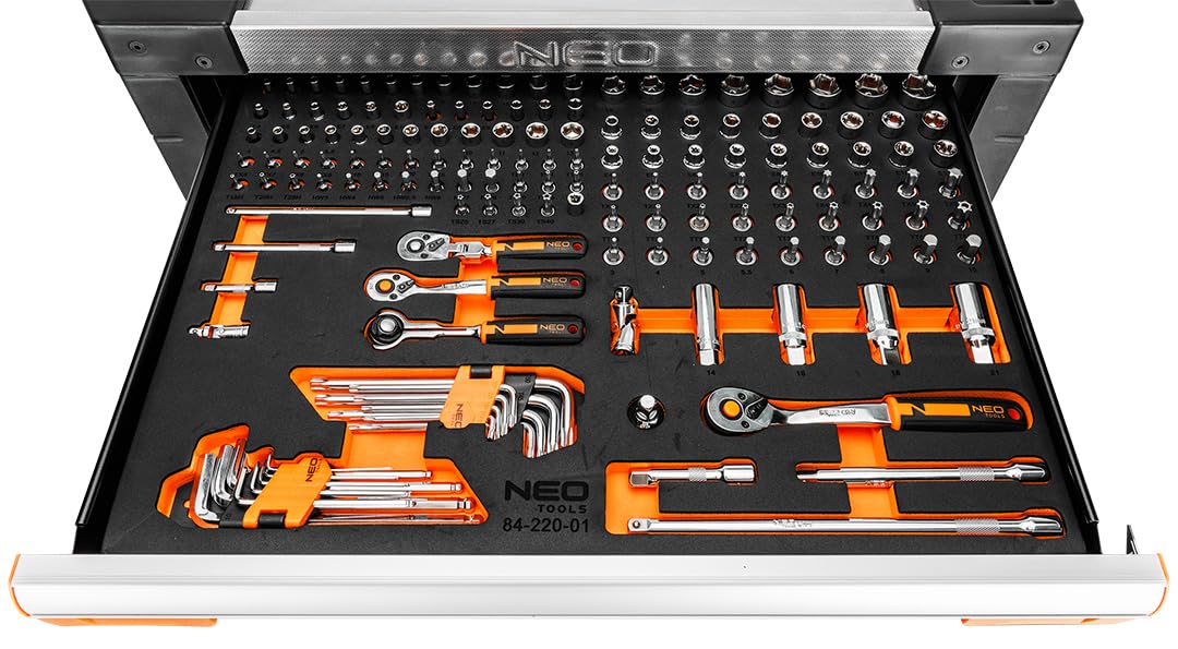 NEO TOOLS PRO wózek warsztatowy wyposażony w 329 części, 7 szuflad, profesjonalna szafka narzędziowa, stal SPCC, aluminiowy blat roboczy, wkładki EVA, nośność 300 kg