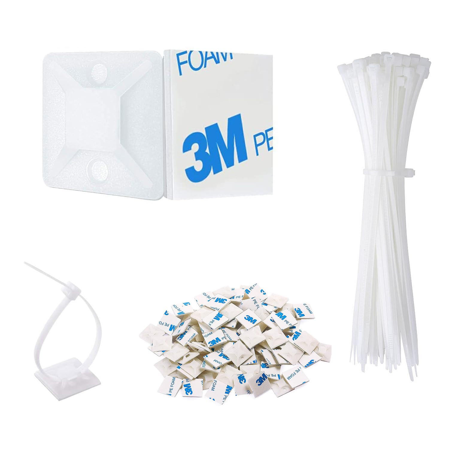 Strong Back-Glue Self Adhesive Cable Zip Tie Mounts Kit - 100 Set Cable Management Clips with 6" Zip Ties, Wire Holders - Outdoor Sticky Wire Organizer Clips - White