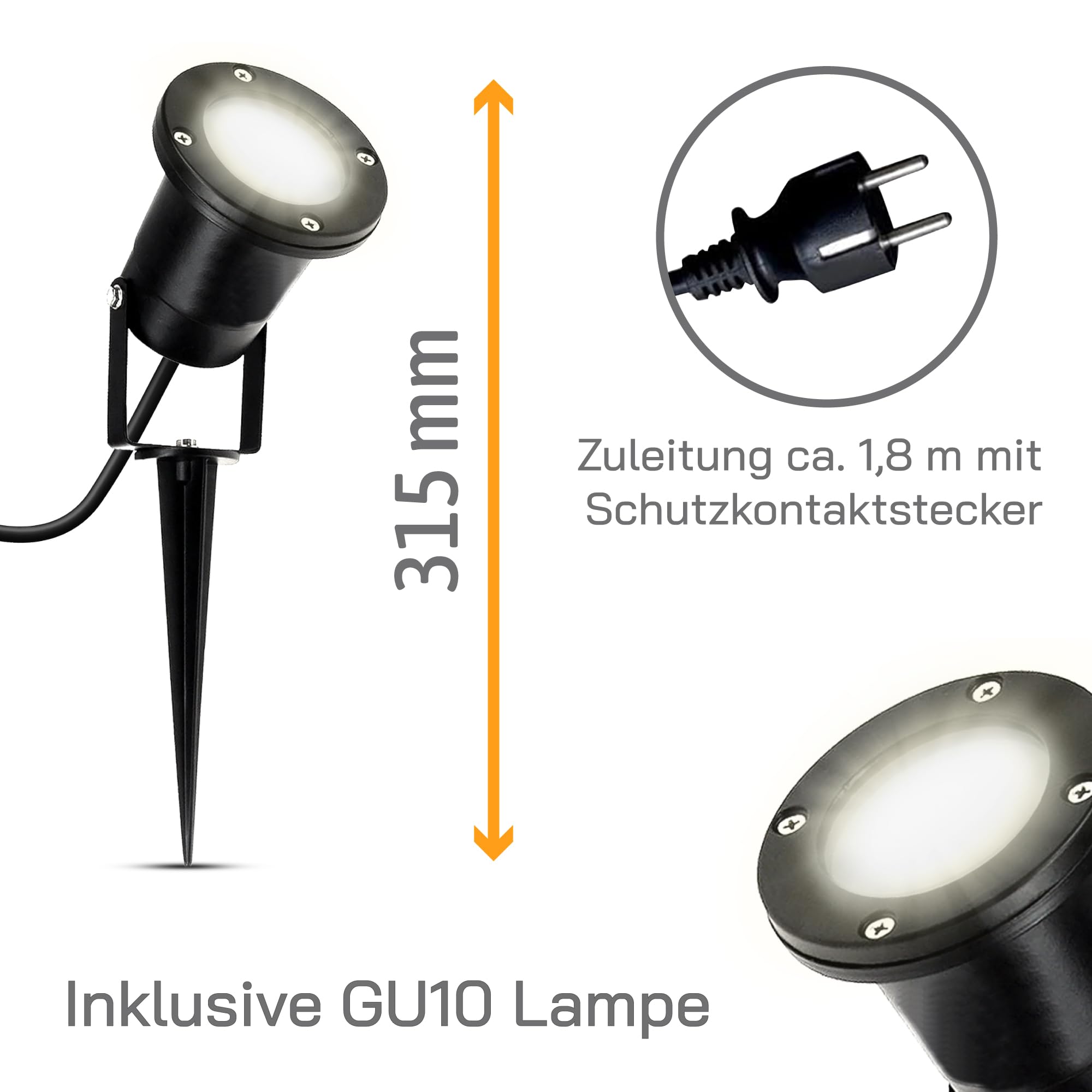 SSC-LUXon KARI Gartenstrahler 2 Stück Erdspieß schwarz GU10 3W neutralweiß | Zwei schwenkbare Gartenspots mit Erdspieß für Rasen, Bäume & Terrasse - neutralweiß, wetterfest IP65, je 1,8m Kabel