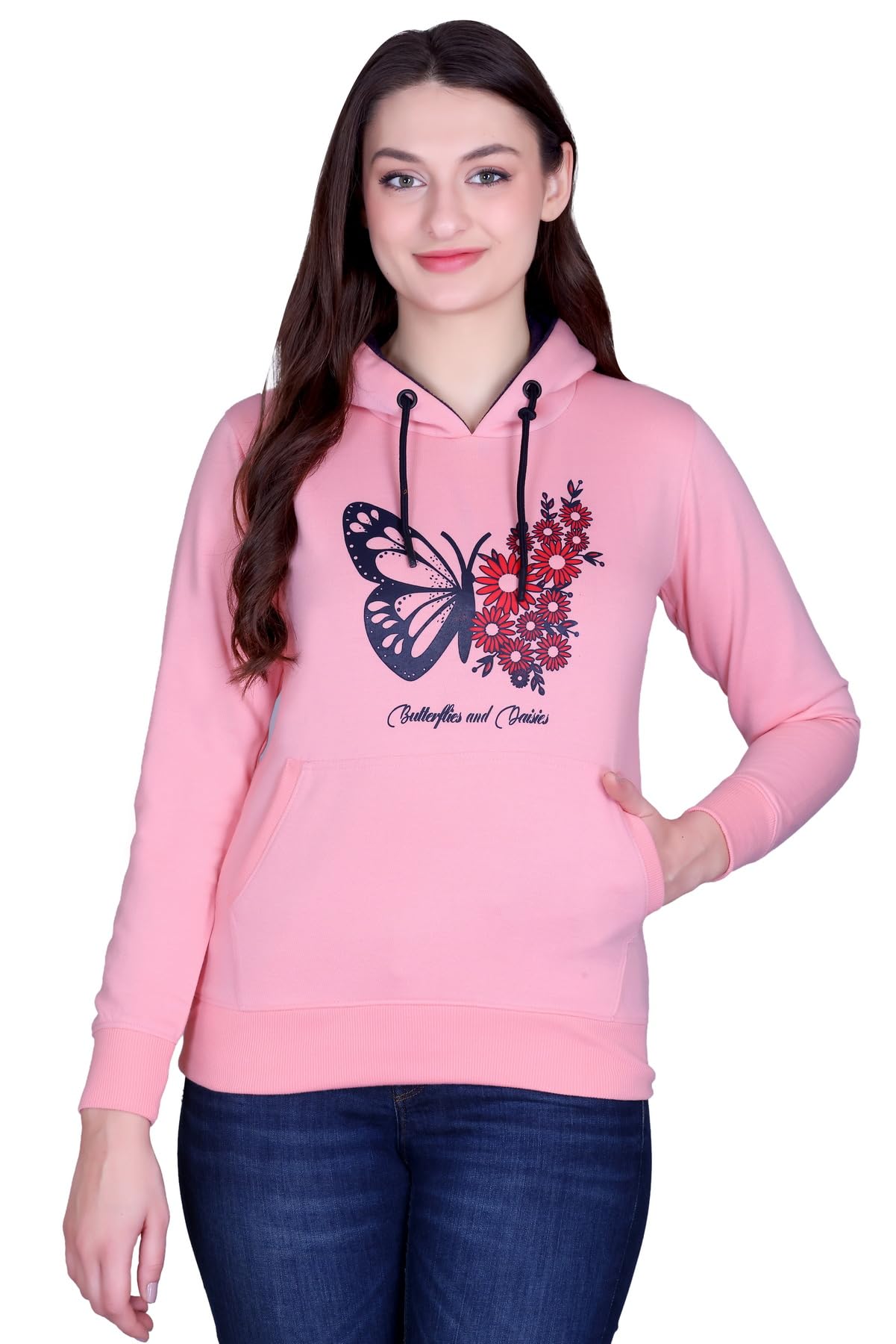 hold Women's Butterfly and Daisies Printed Hoodie Sweatshirt, Pink, Fleece Fabric, Casual Wear, Kangaroo Pocket-picture-0