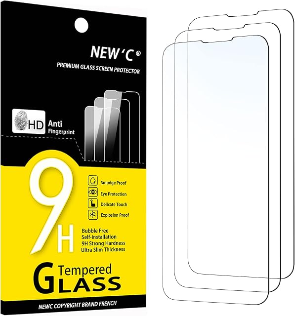 [3 Pack] NEW'C Designed for iPhone 14, 13, 13 Pro (6,1") Screen Protector Tempered Glass, Case Friendly Anti Scratch Bubble Free Ultra Resistant