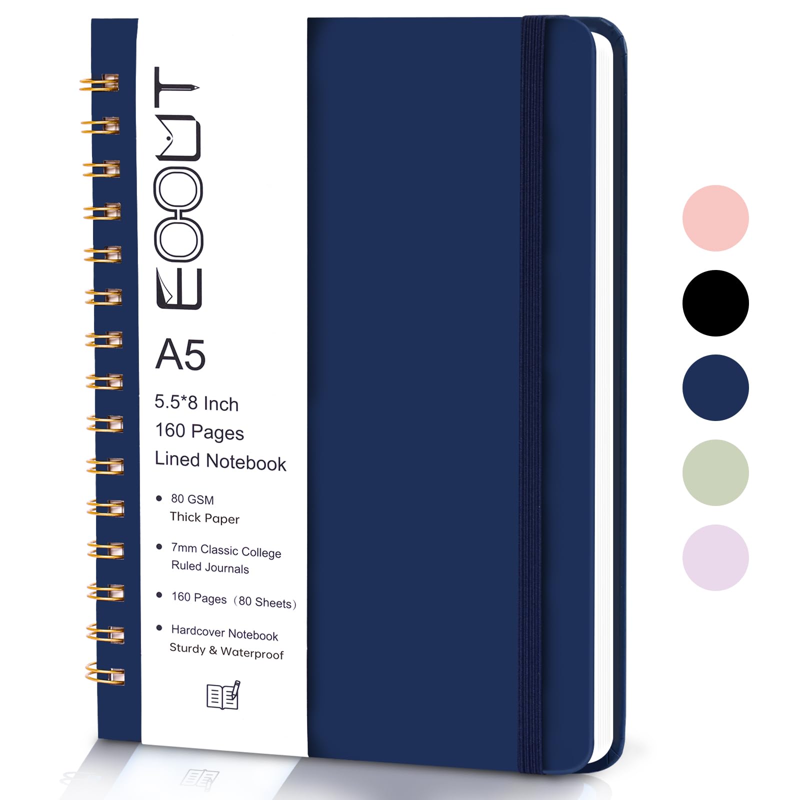 EOOUT Lined Spiral Journal Notebook, 160 Pages, A5 5.5 x 8 inches 80 GSM College Ruled Hardcover Notebook, Double-Wire Spiral Journal Notebook for Writing(Navy Blue)