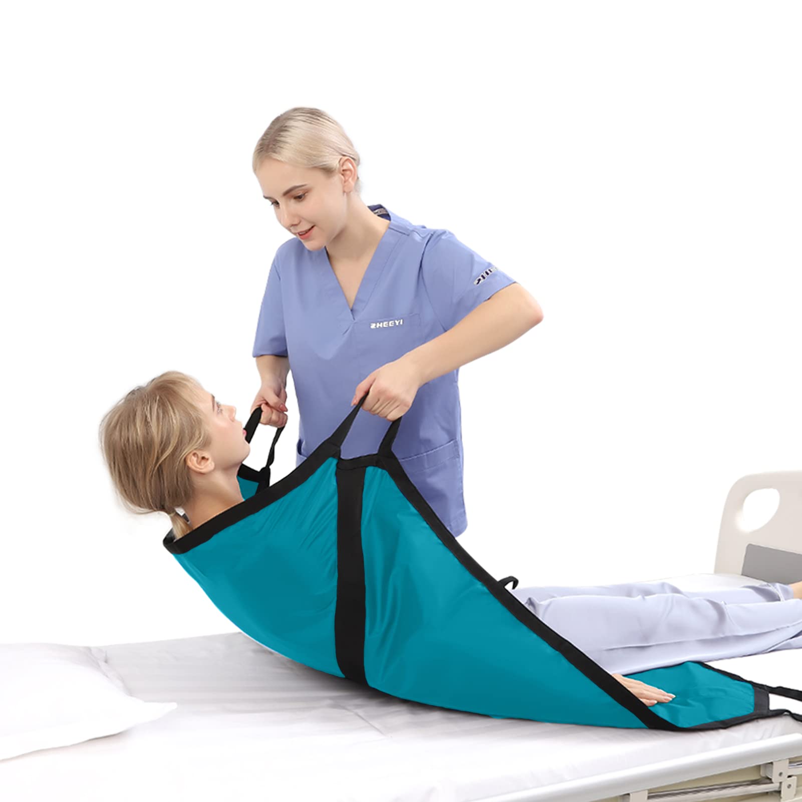 Almohadilla de cama multiusos de 39 x 36 pulgadas con asas reforzadas, sábana reutilizable y lavable para tornear, levantar y reposicionar, tela de nailon de doble cara, azul pavo real