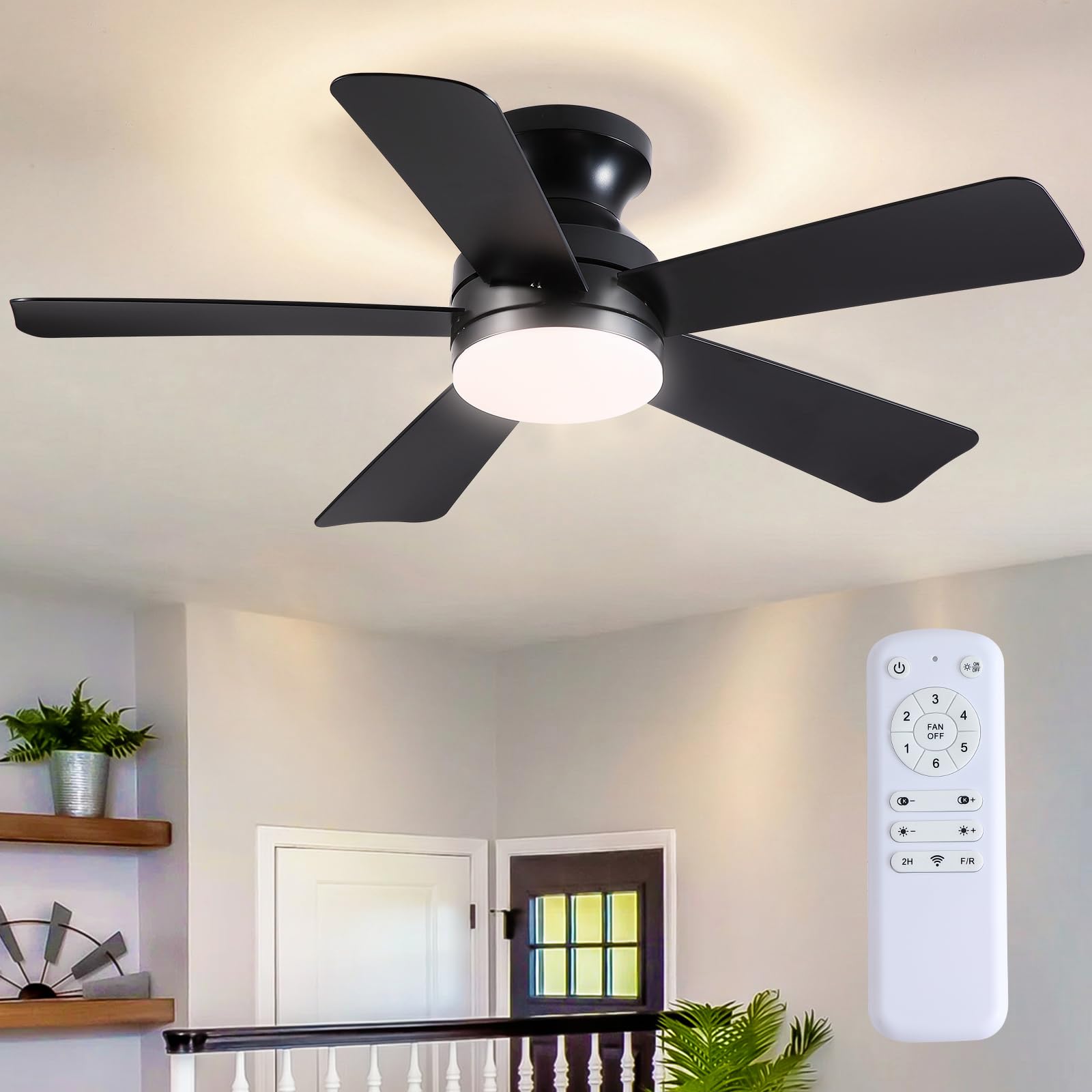 Photo 1 of ***PARTIAL SET - MISSING SCREWS*** 41 inch Ceiling Fans with Lights, Black Flush Mount Ceiling Fan with Remote, 3CCT, LED Dimmable, Reversible, 6 Fan Speeds, Quite Low Profile Ceiling Fan with Lights Modern Bedroom Kitchen Indoor