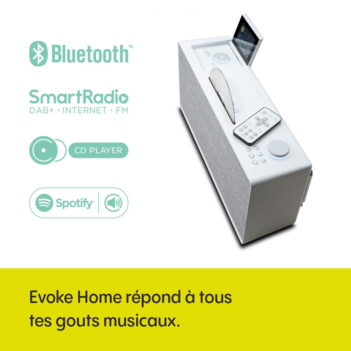 Pure Evoke Home Système de musique tout-en-un pour la maison avec radio DAB+/FM, radio Internet, podcasts, Spotify Connect, Bluetooth, CD et son stéréo puissant de 100 watts, Cotton White