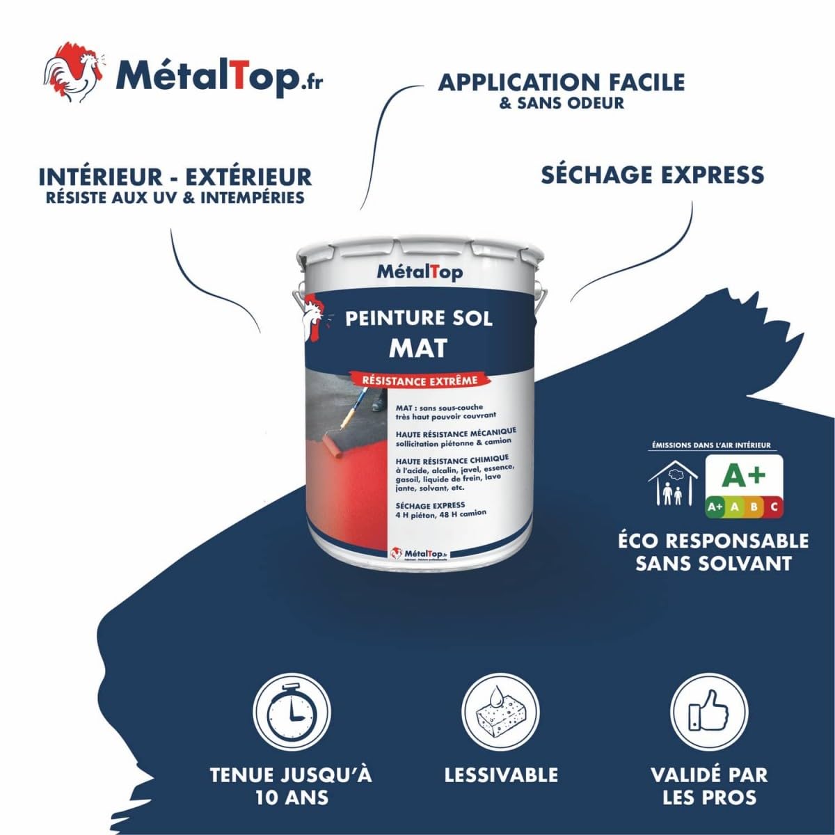 Metaltop - Peinture Sol Mat - Noir signalisation - RAL 9017-1 L - Finition mate pour béton de garage, atelier ou entrepôt