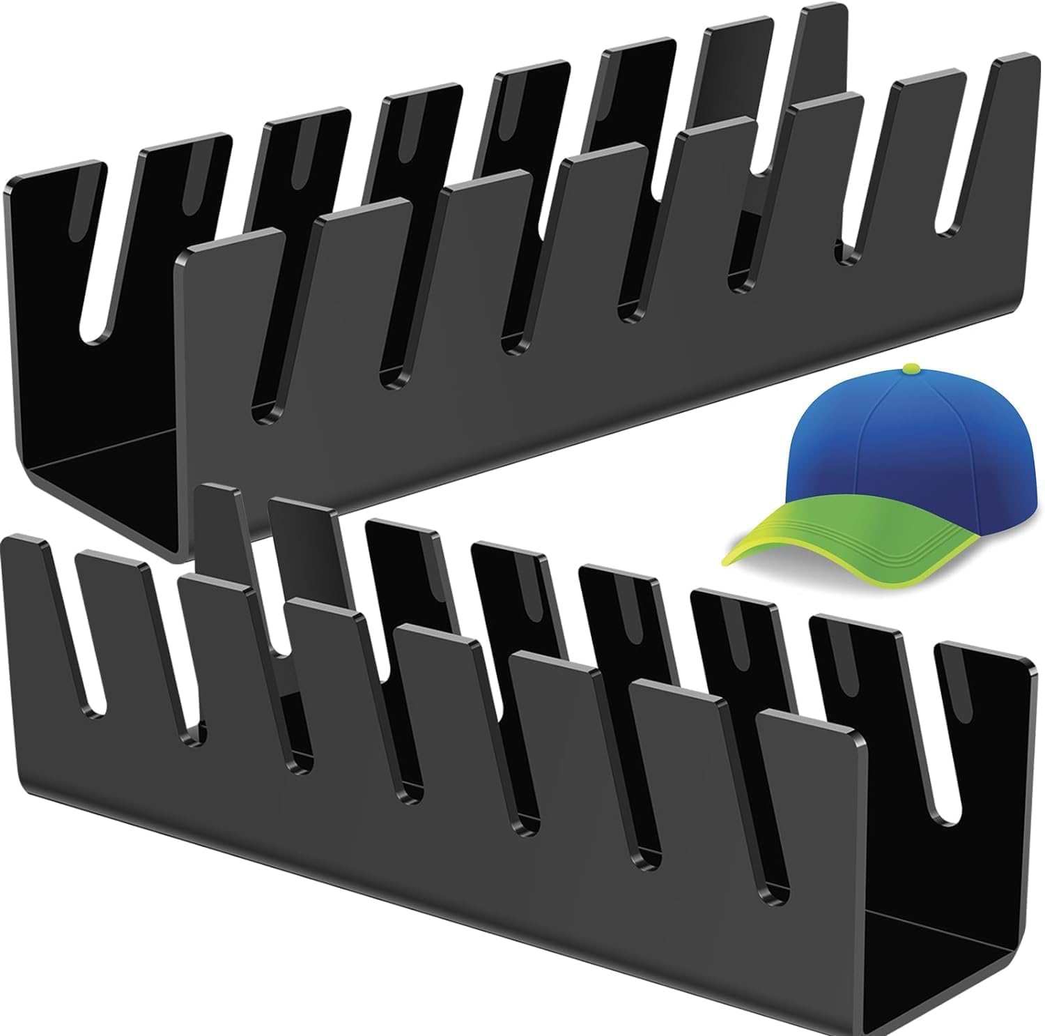 QKEWURO 2024 New Hat Stand for Baseball Caps Display and Organizer, No Install Acrylic Hat Holder for 14 Baseball Caps for Bedroom, Closet, Dresser (2