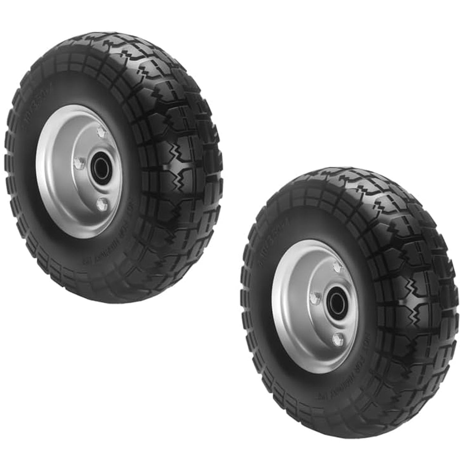2 x Wheelbarrow Wheels, Solid Rubber Tyres, 16 mm Axle, 4.10/3.50-4 Solid Rubber Tyres, up to 100 kg, 255 x 80 mm