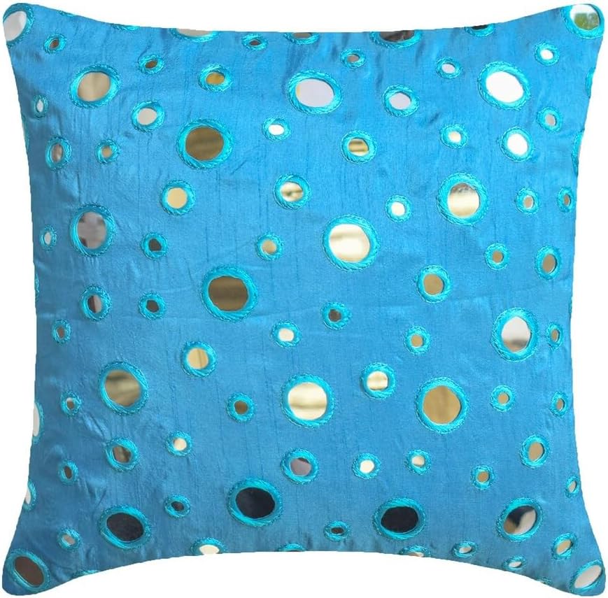 The HomeCentric Euro Sham Pillow, Aqua Blue Euro Size Pillow Shams 26x26 inch (65x65 cm) Silk Euro Sham Covers, Circles & Dots, Polka Dots, Mirror Embroidery, Contemporary Euro Shams - Blue Mirror